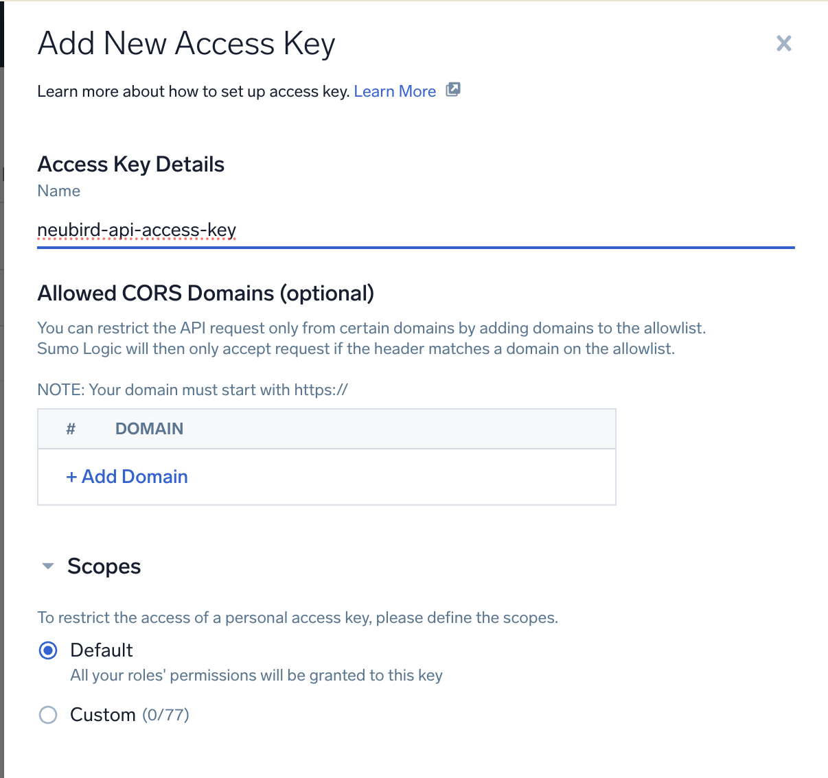 Sumo Logic Add New Access Key dialog