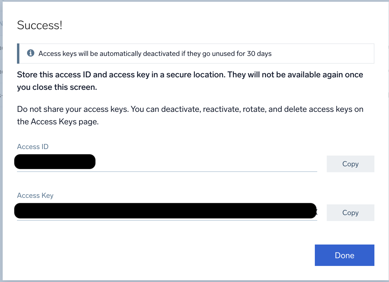 Sumo Logic showing the generated Access ID and Access Key