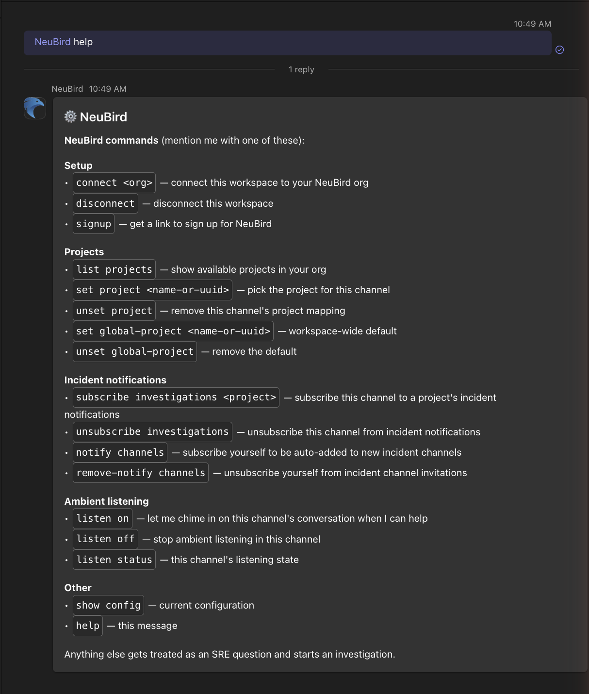 NeuBird help card listing all commands