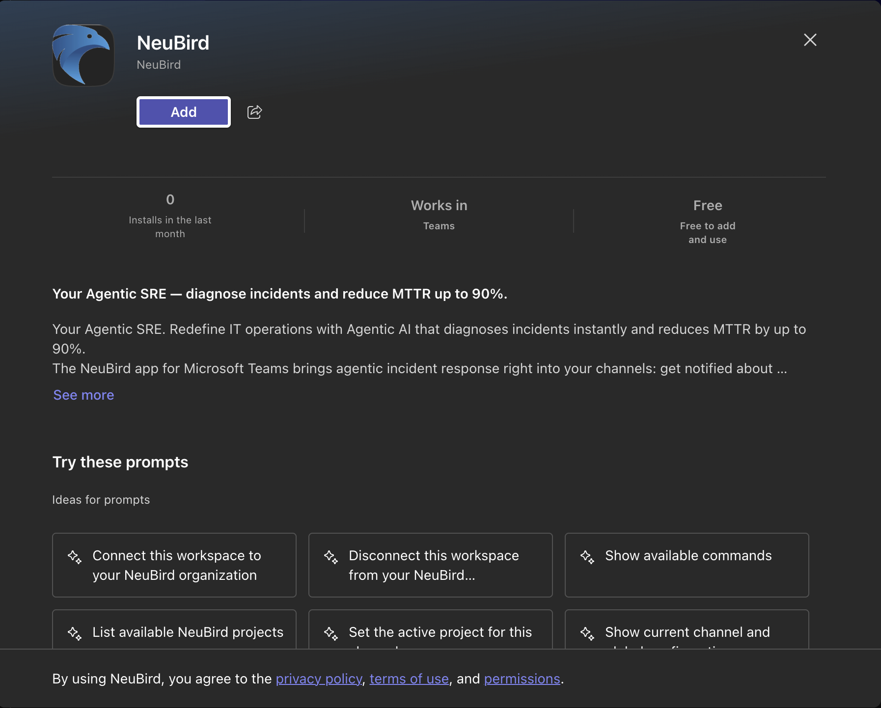 NeuBird app listing in Teams with the Add button