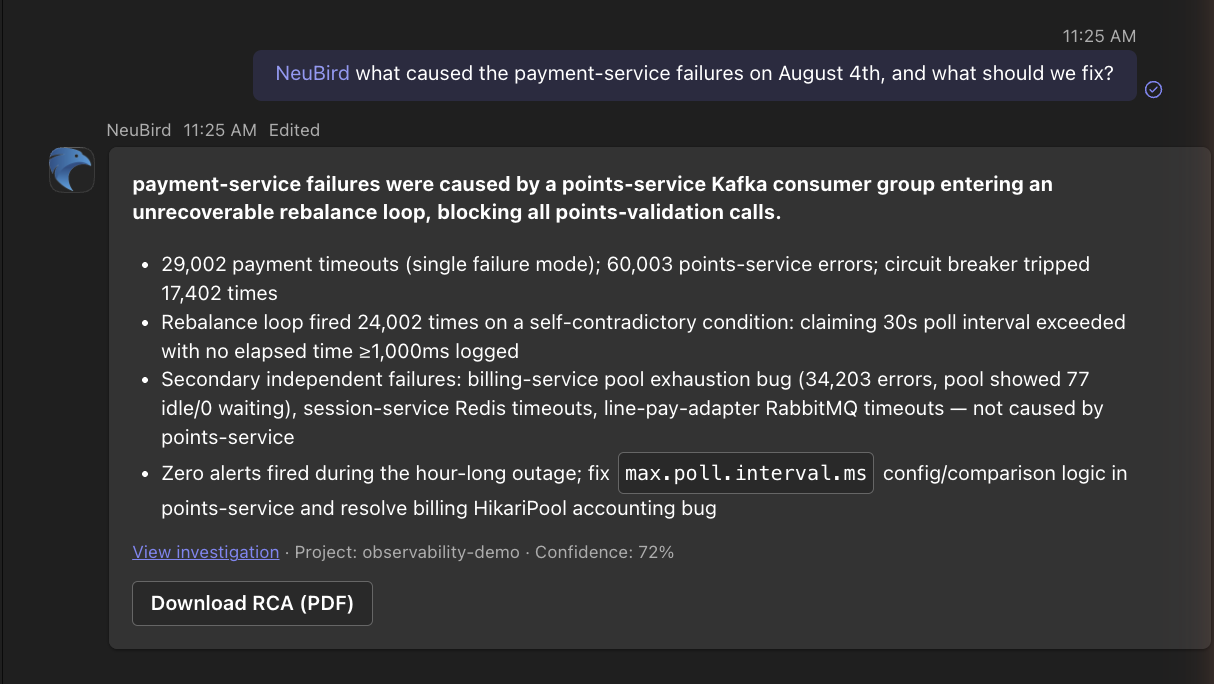 NeuBird investigation result card in a Teams channel