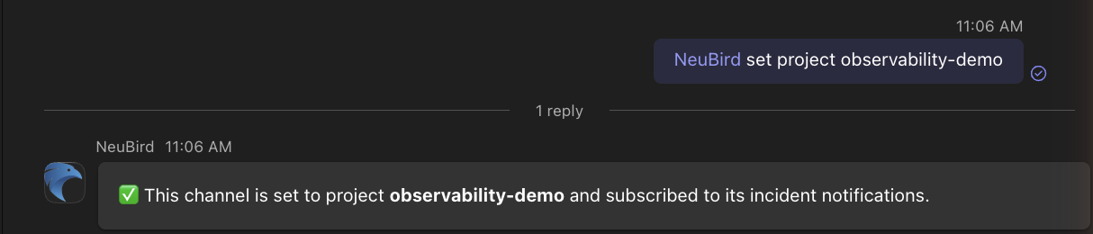 Confirmation after setting a channel project